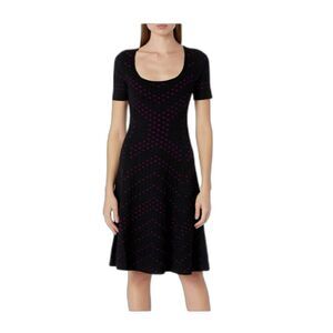 MILLY Pointelle Knit Fit and Flare Dress Black Magenta Pink XL